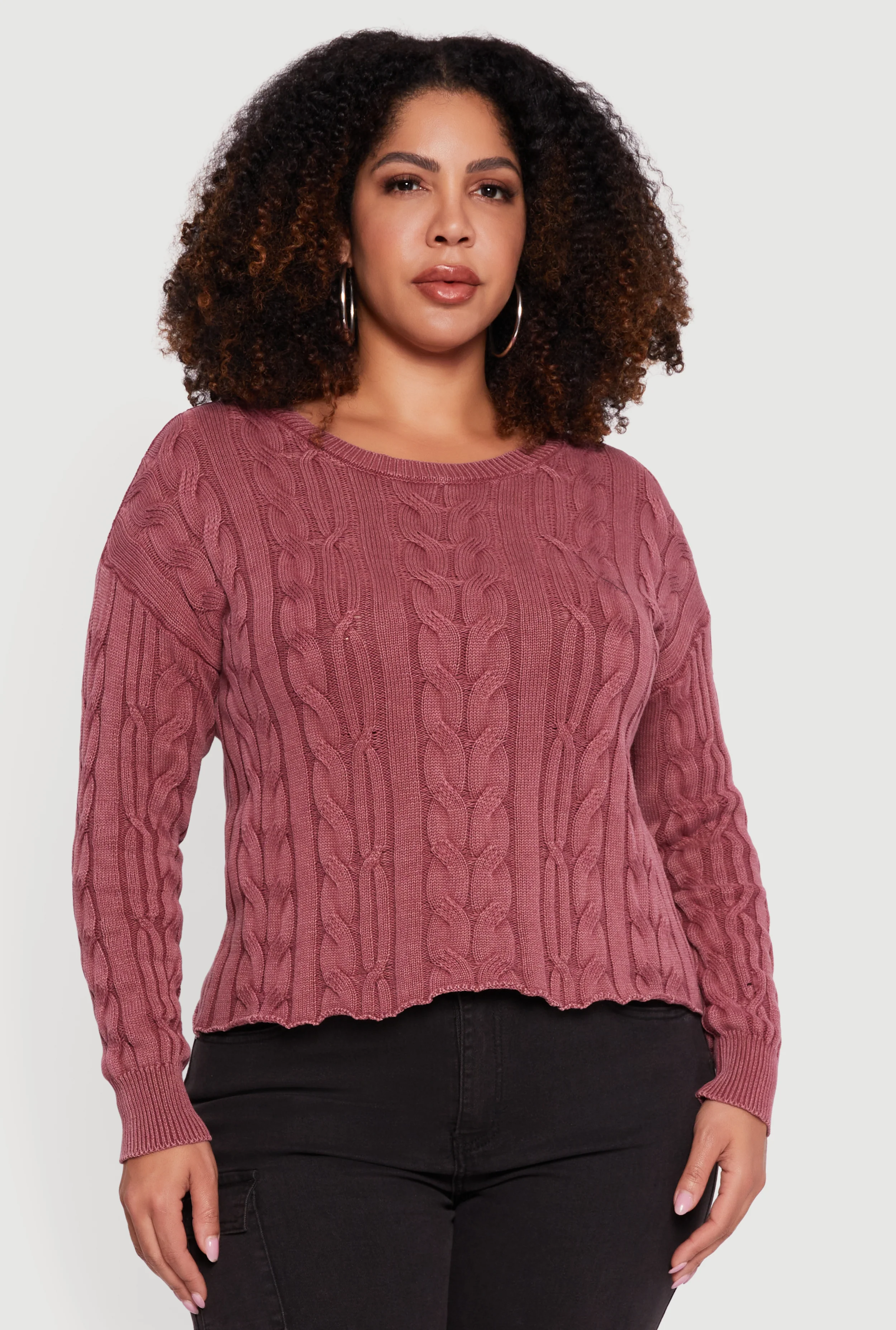 Plus Size Long Sleeve Cable Knit Crew Neck Sweater