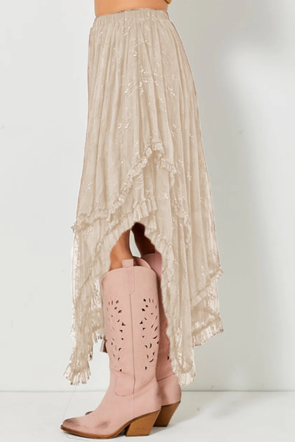Apricot Lace Cascading Tiered High Waist Maxi Skirt