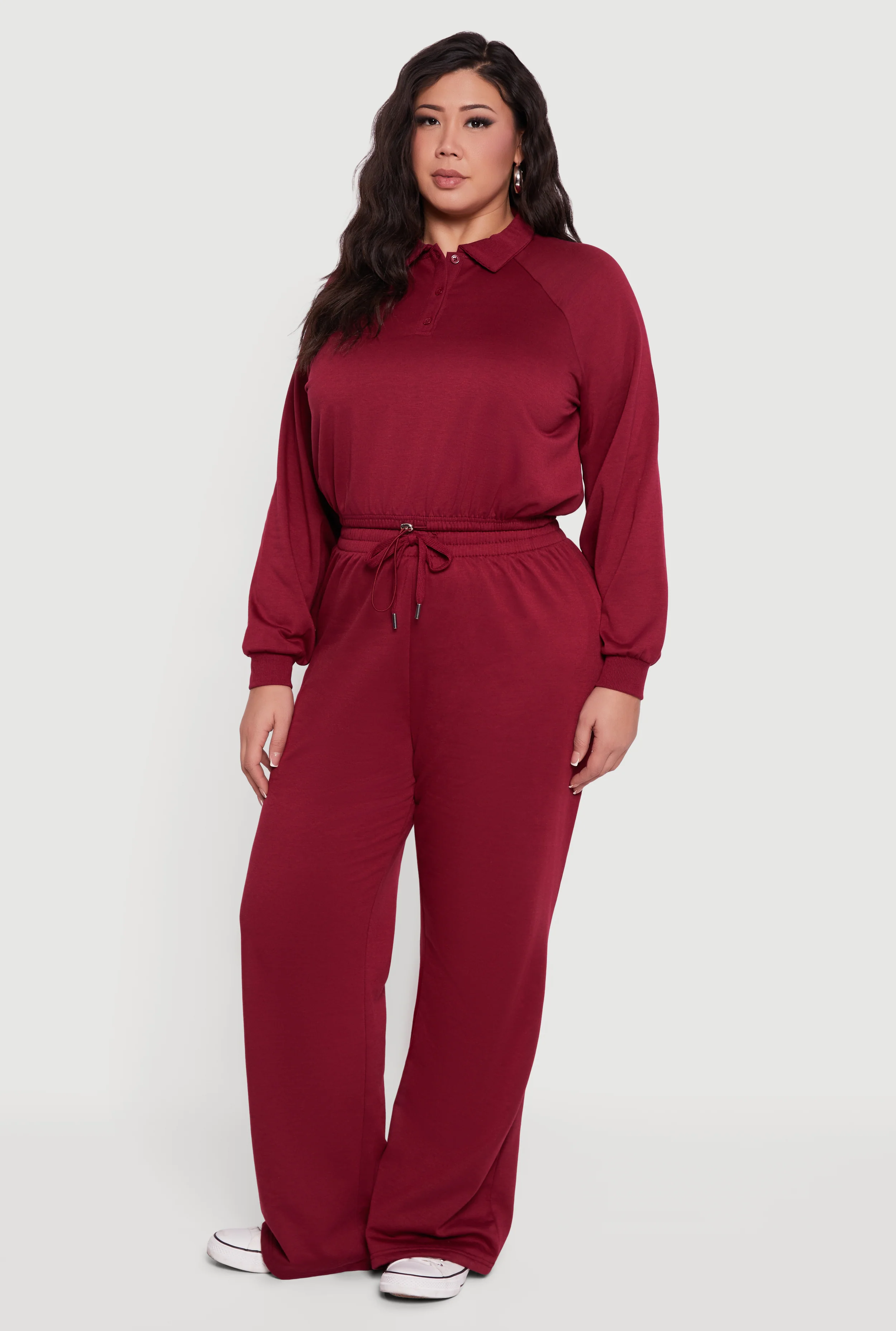 Plus Size Drawstring Hem Collared Pullover