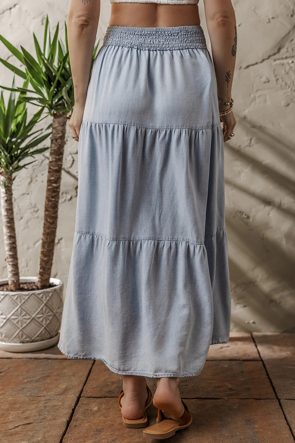 Tiered Smocked High Waist Denim Maxi Skirt
