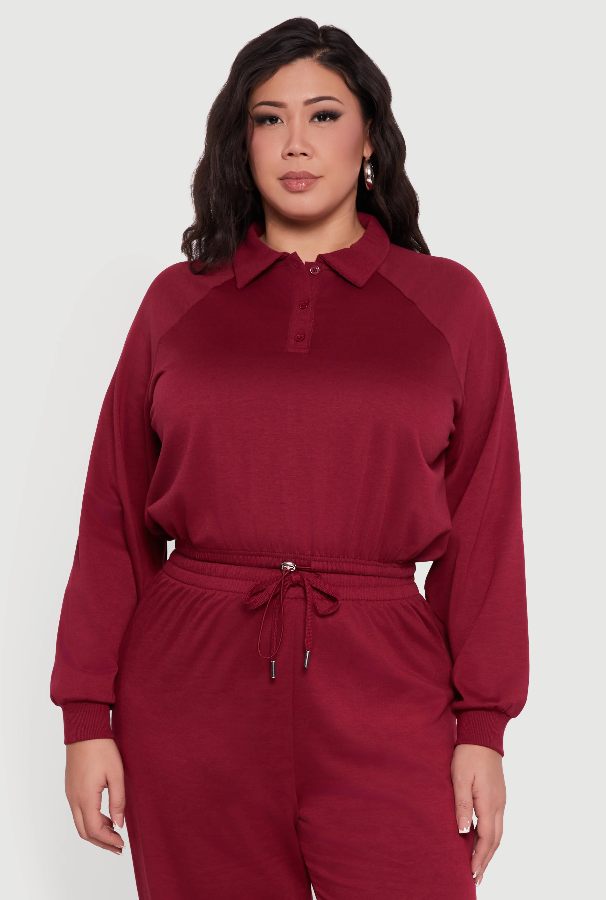 Plus Size Drawstring Hem Collared Pullover
