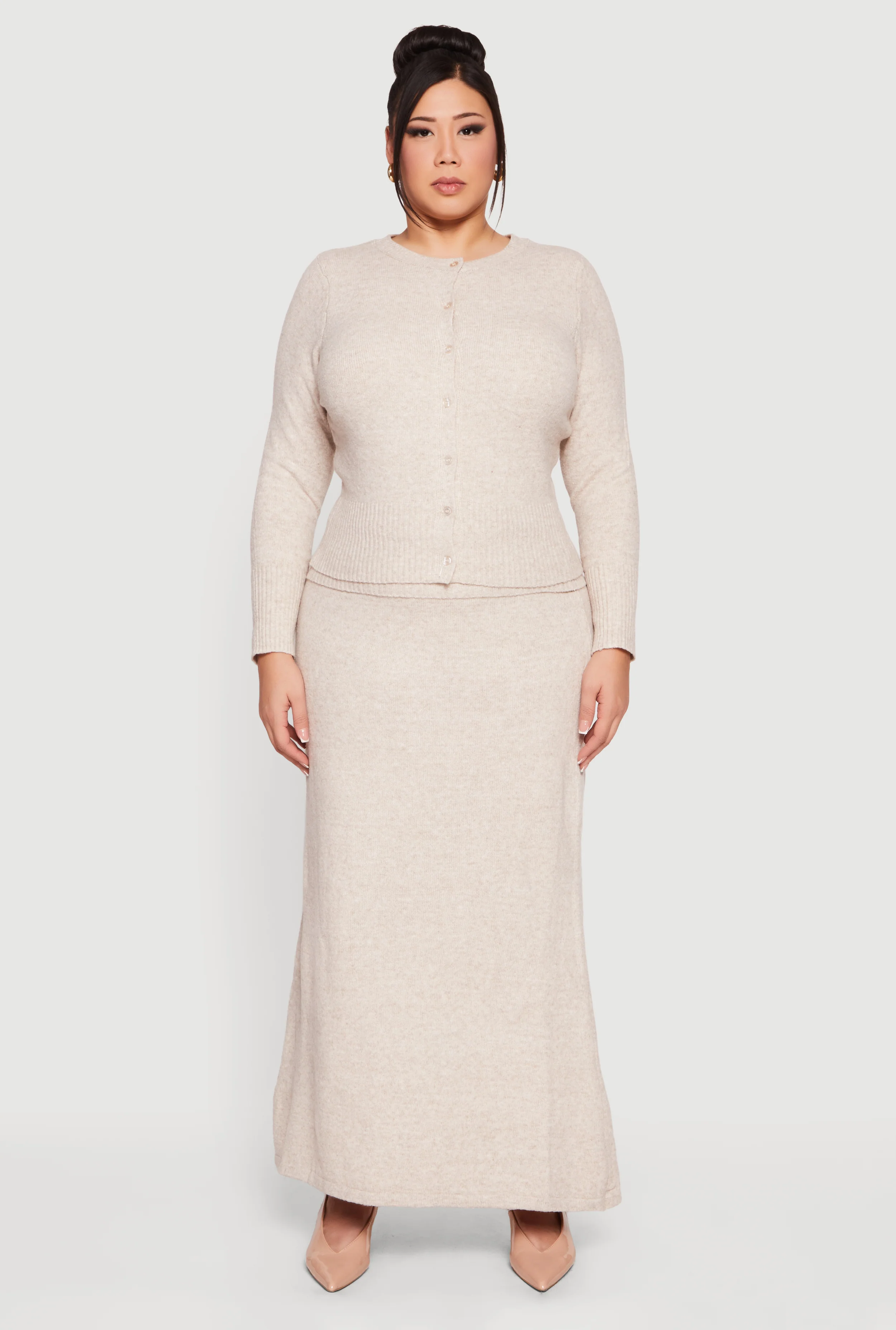 Plus Size Ribbed Knit Button Front Cardigan