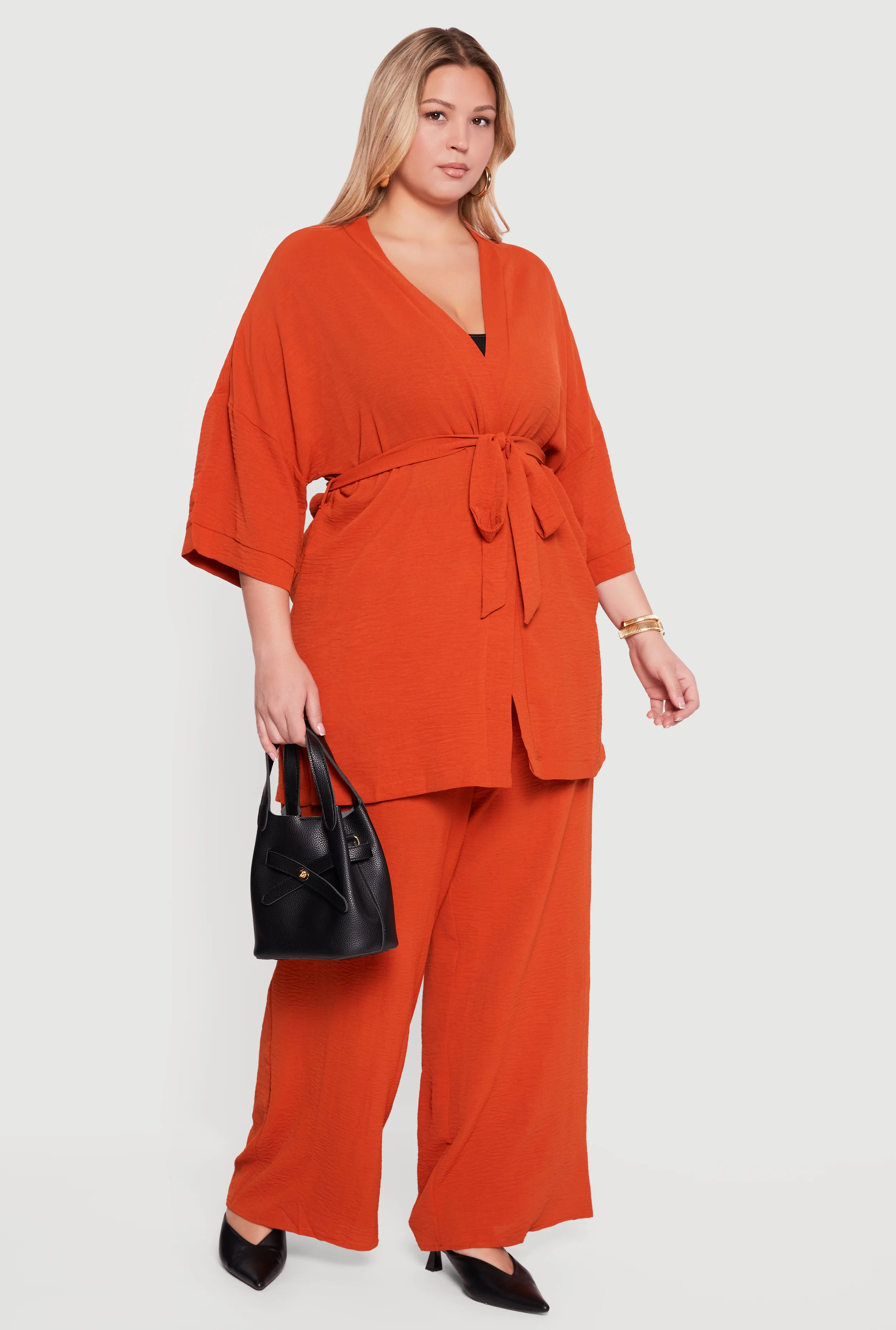 Plus Size Crepe Knit Kimono with Tie Waist Belt