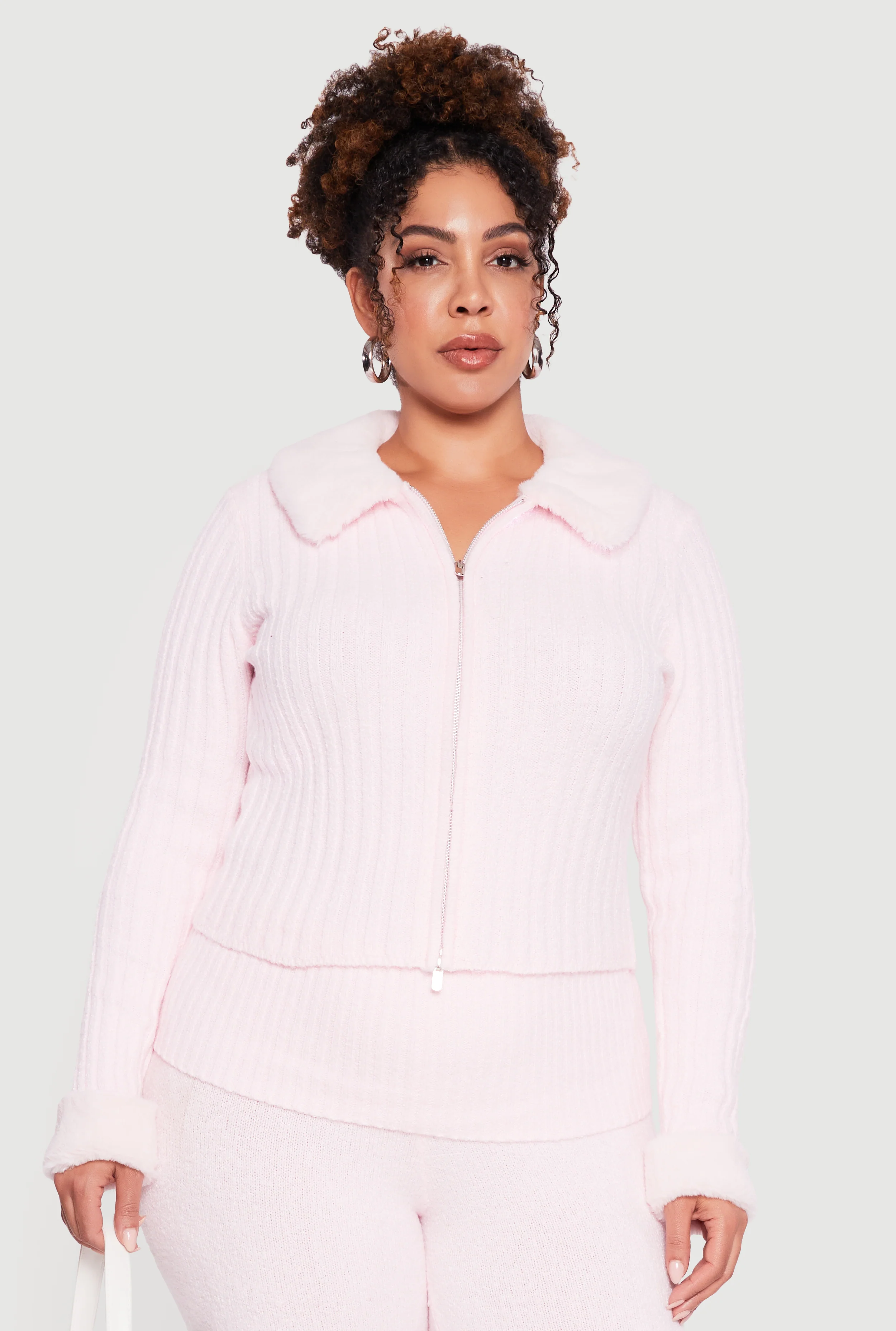 Plus Size Removable Faux Fur Trim Zip Front Sweater