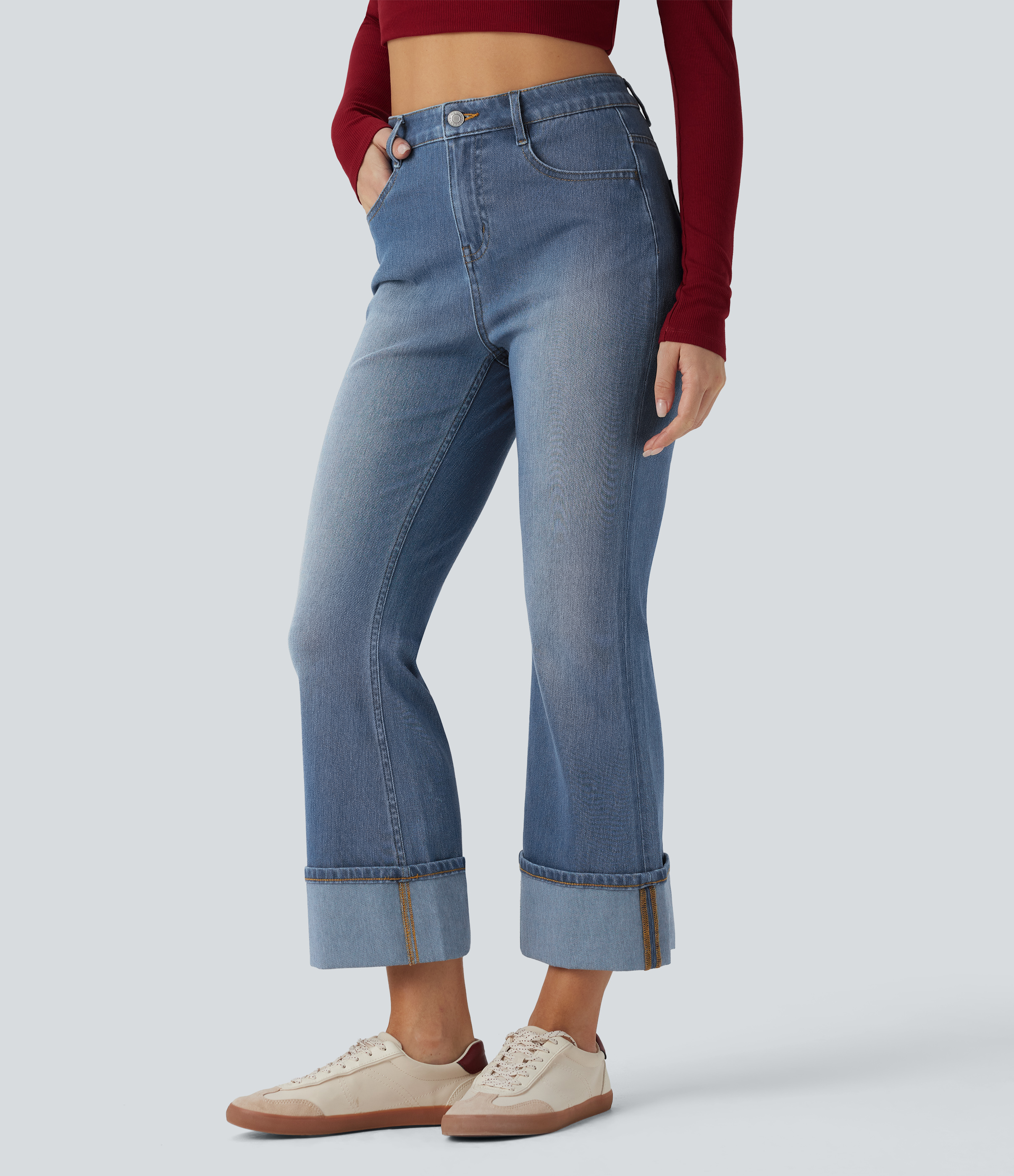 High Waisted Rolled Hem 7/8 Casual Flare Jeans with Pockets