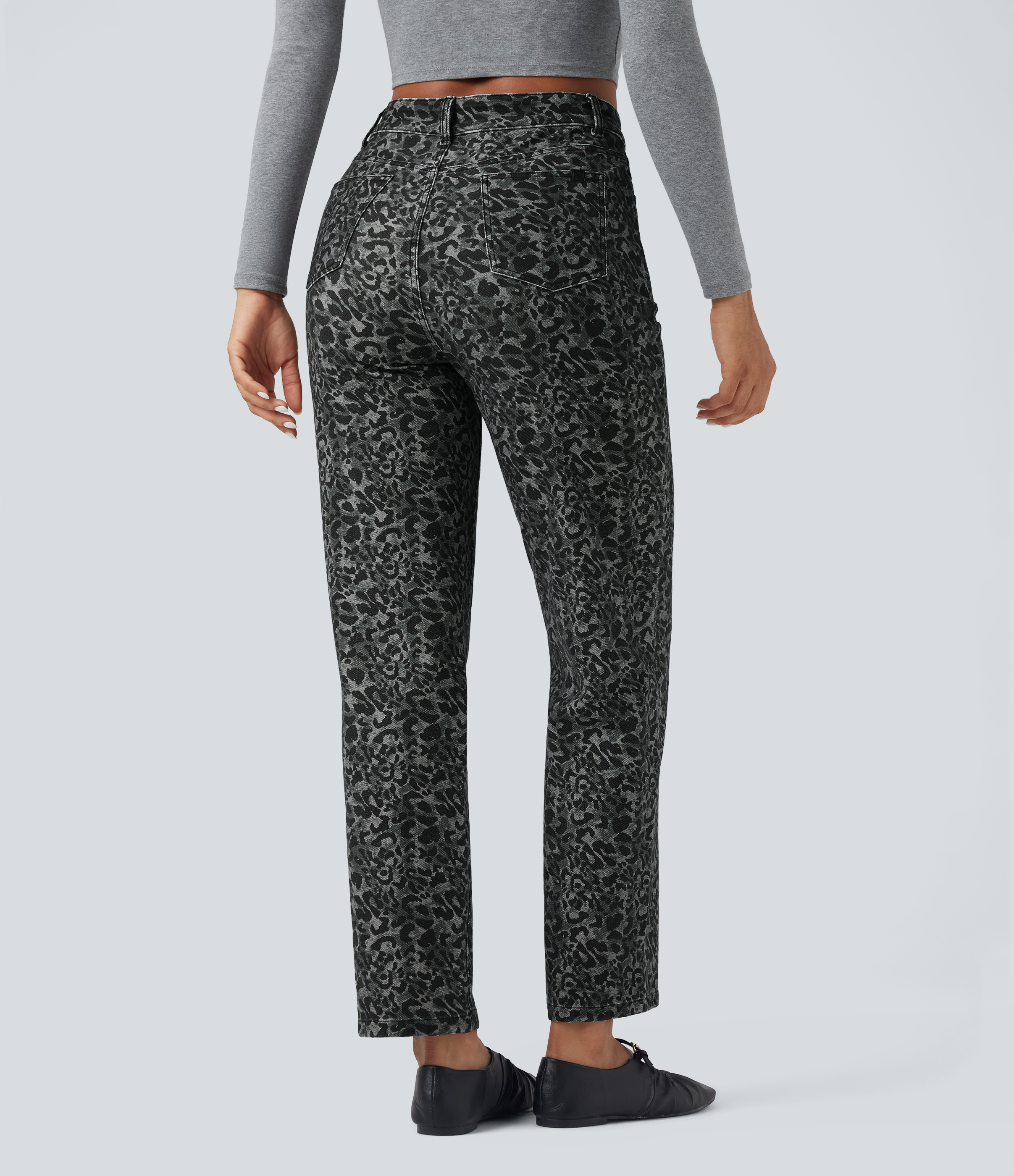 Leopard Print High Waisted Straight Leg Casual Jeans with Pockets