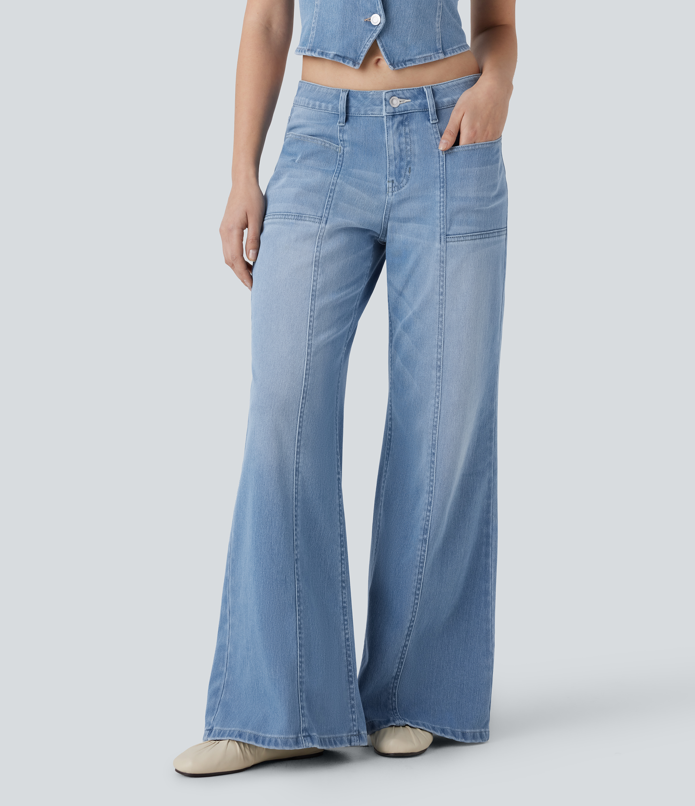 Low Rise Zipper Pockets Baggy Wide Leg Flare Washed Casual Jeans