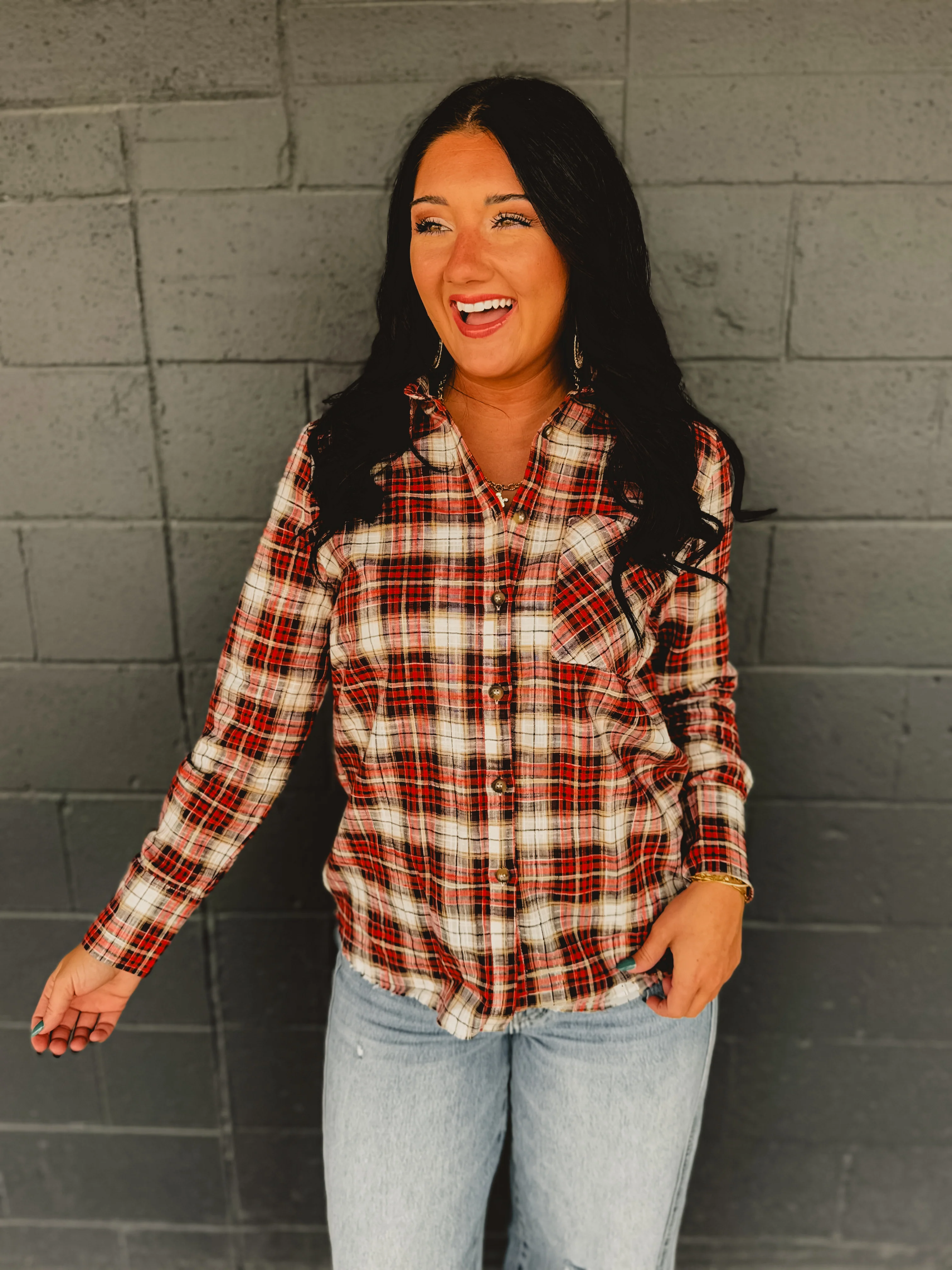 Button Up Flannel Top - Burgundy Multi