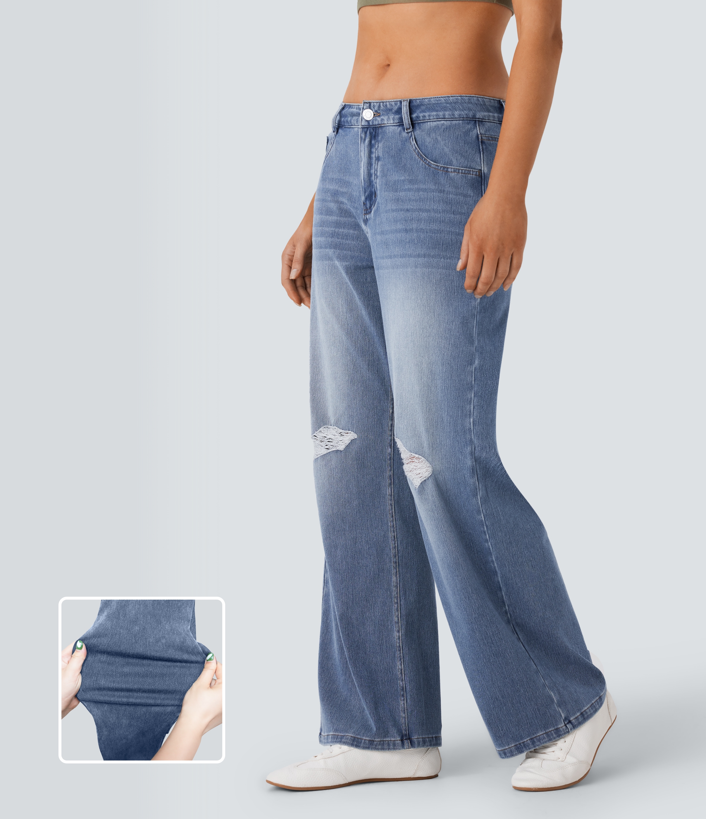 Mid Rise Ripped Washed Casual Baggy Jeans With Pockets