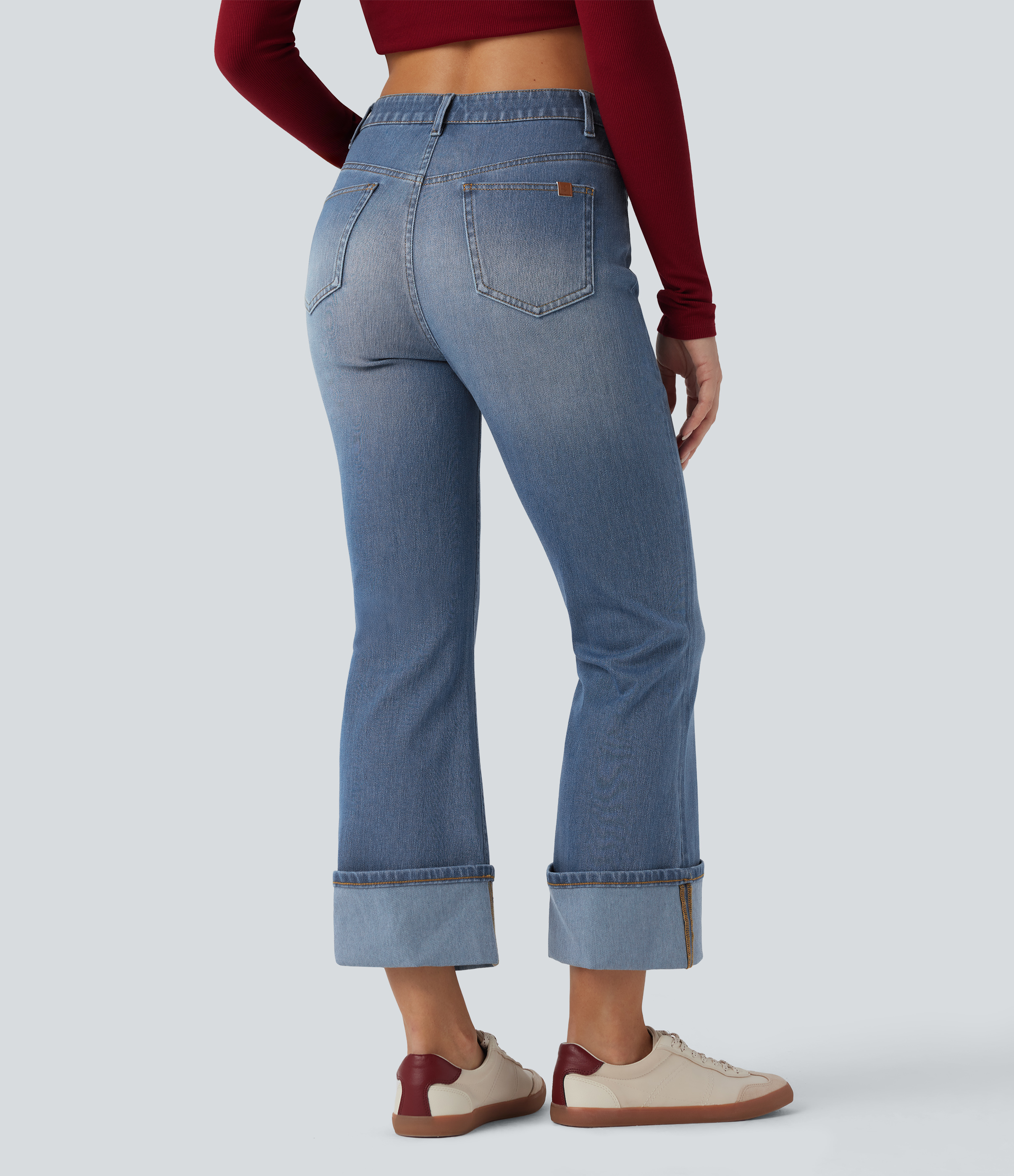 High Waisted Rolled Hem 7/8 Casual Flare Jeans with Pockets