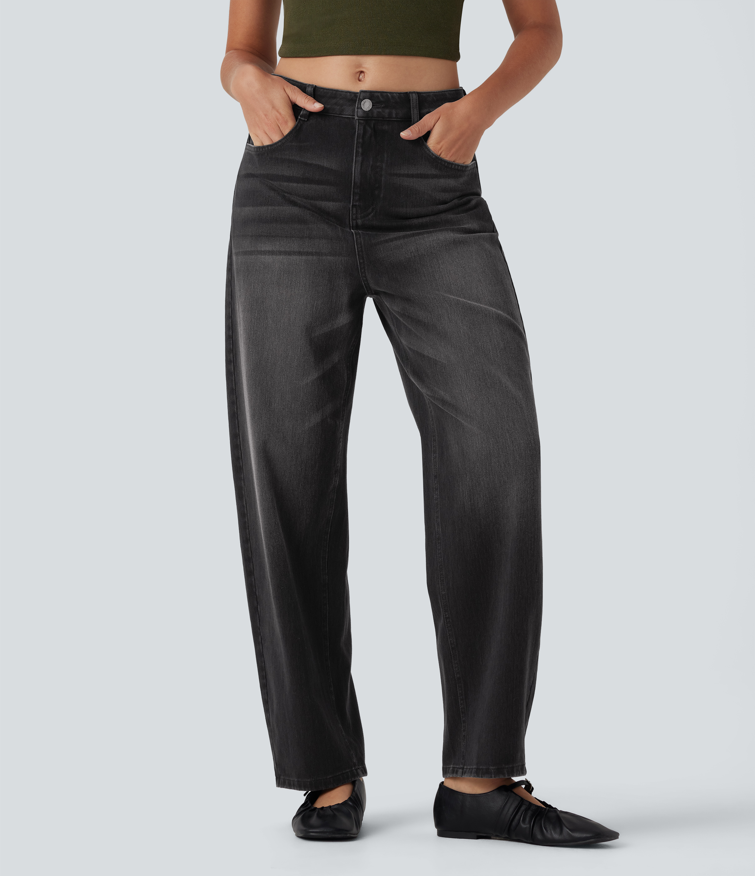 High Waisted Washed Casual Barrel Leg Jeans with Pockets