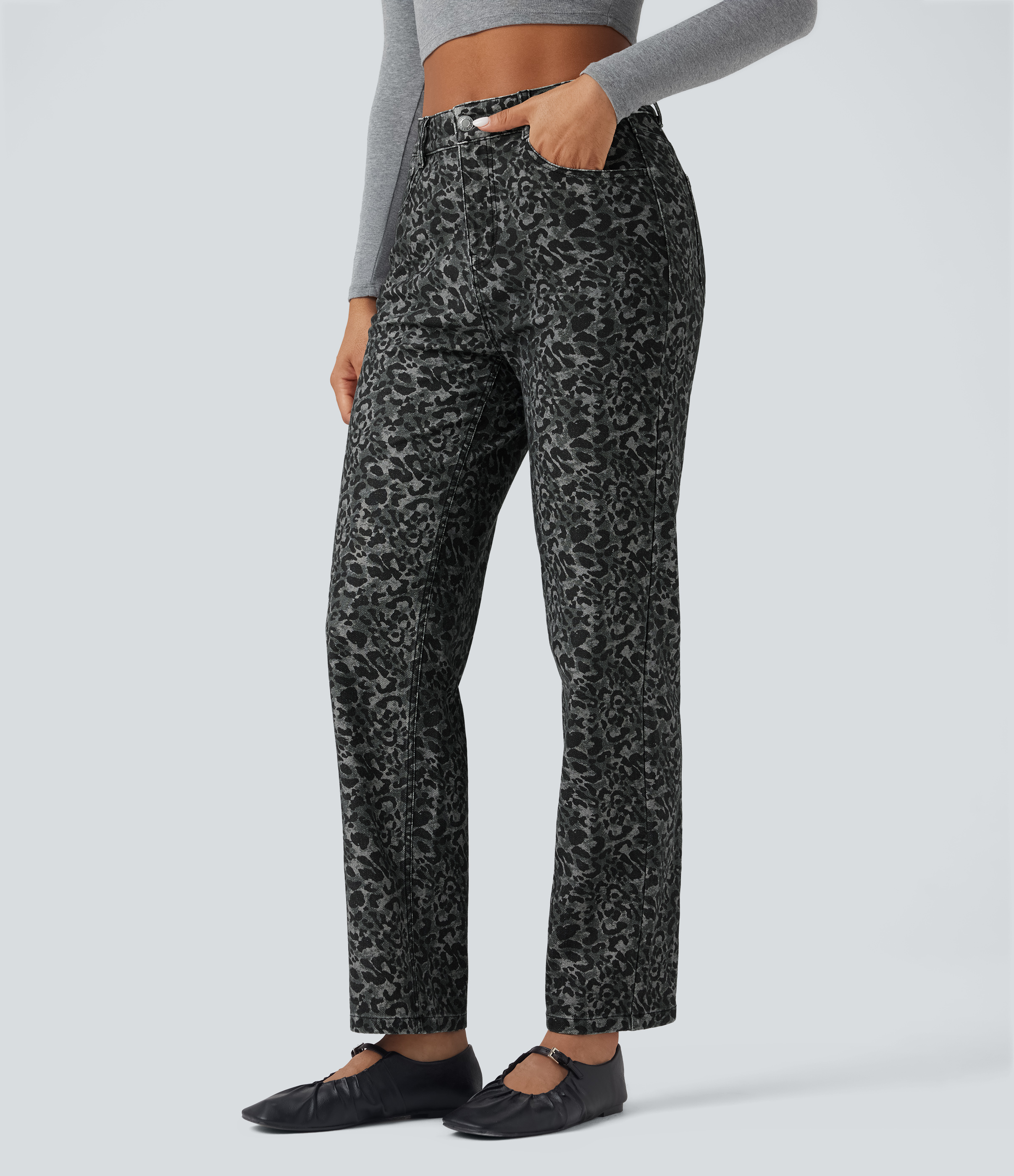 Leopard Print High Waisted Straight Leg Casual Jeans with Pockets