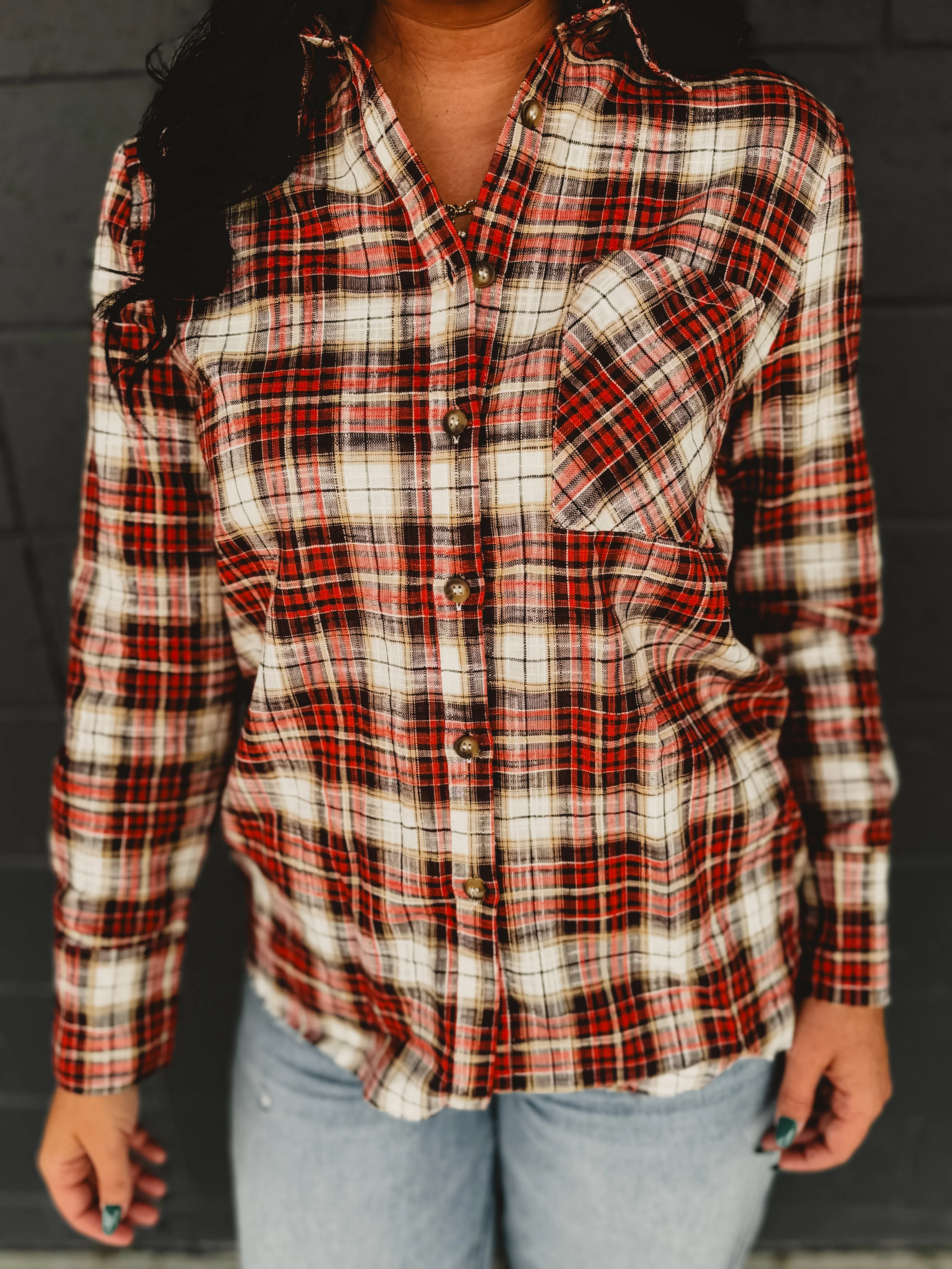 Button Up Flannel Top - Burgundy Multi